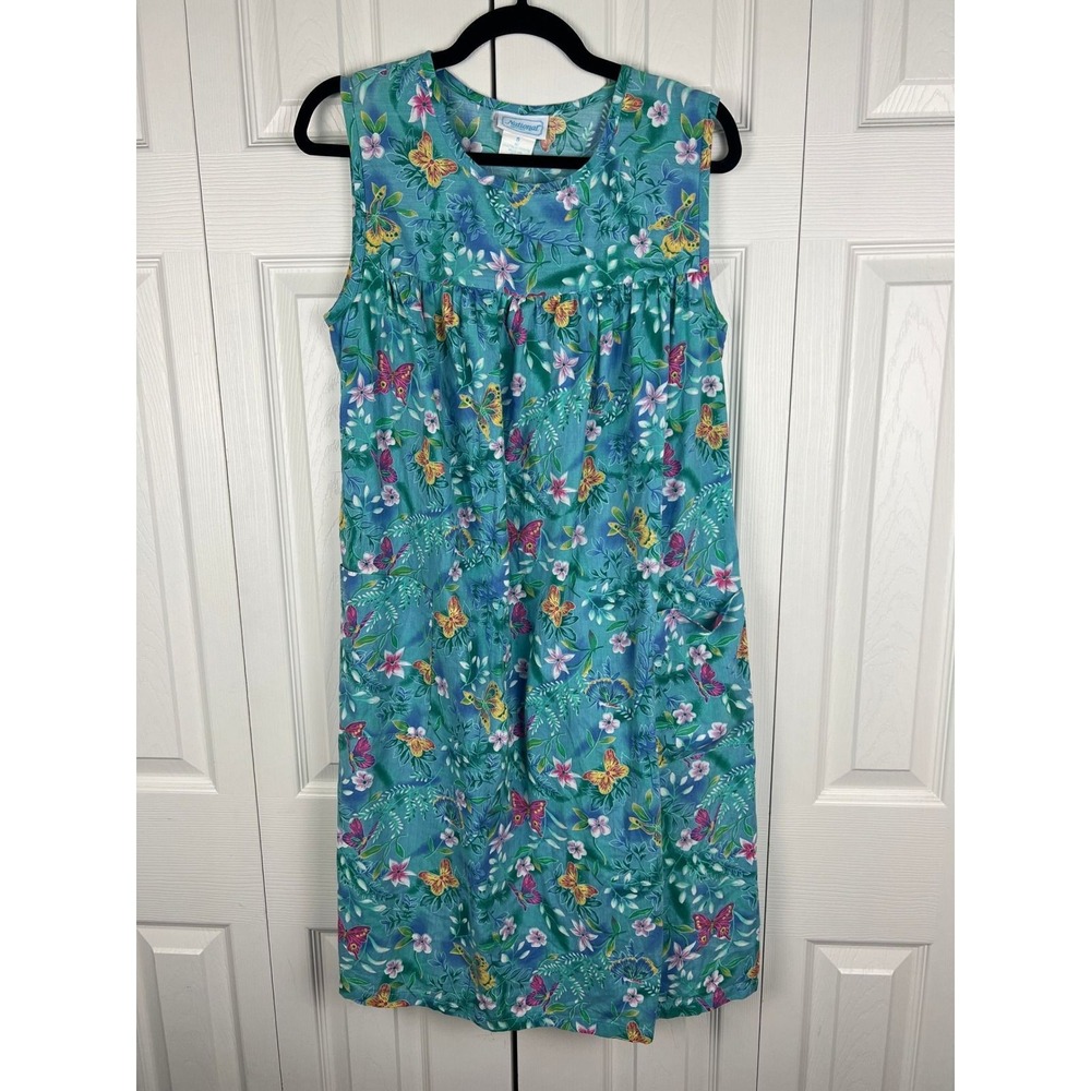 National Muumuu House Dress Vintage Boho Cottagecore Blue Floral Butterfly Small